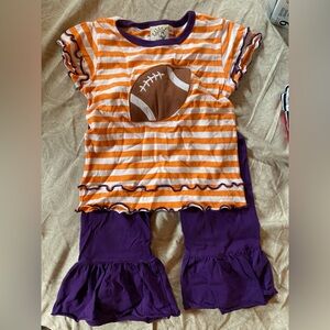 Girls Orange, White, & Purple Striped Football Top with Purple Pants